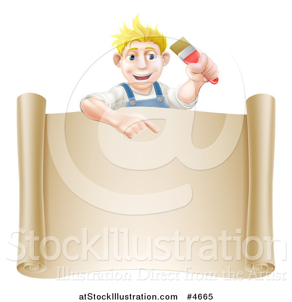 Vector Illustration of a Happy Blond Male House Painter Holding a Brush and Pointing over a Scroll Sign