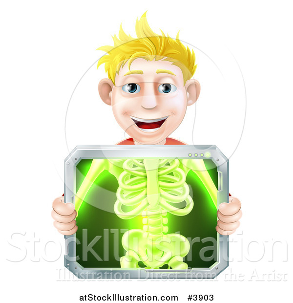 Vector Illustration of a Happy Blond Man Holding an Xray Screen over His Torso