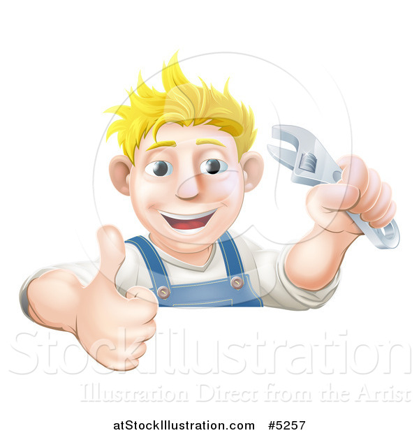 Vector Illustration of a Happy Blond Mechanic Man Holding a Spanner Wrench and Thumb up over a Sign