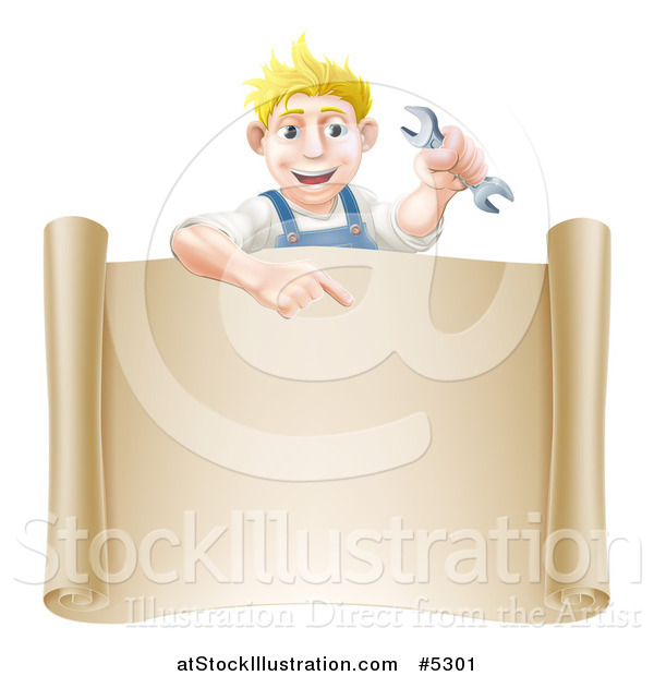 Vector Illustration of a Happy Blond Mechanic Man Holding a Spanner Wrench over a Scroll Sign