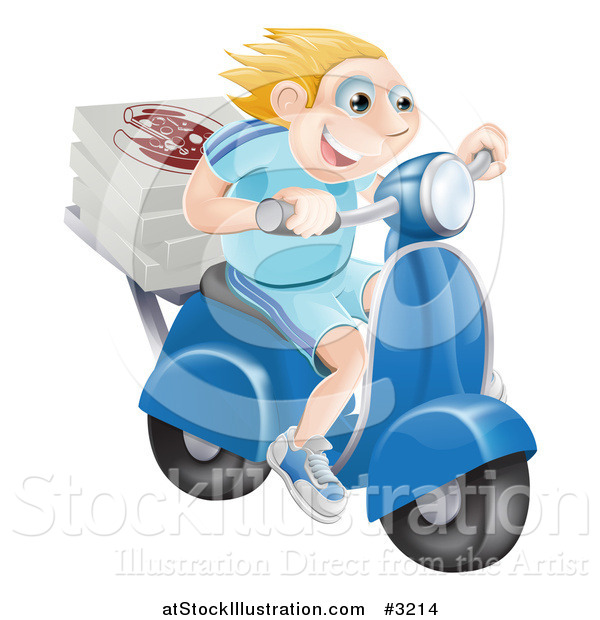 Vector Illustration of a Happy Blond Pizza Delivery Man Speeding on a Moped