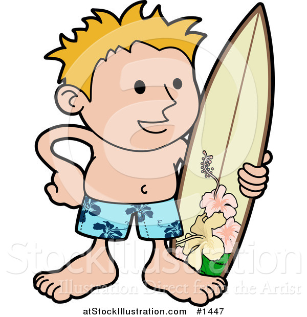 Vector Illustration of a Happy Blond Surfer Dude in Blue Hawaiian Shorts, Standing on the Beach with a Surfboard