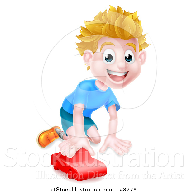Vector Illustration of a Happy Blond White Boy Playing with a Toy Car