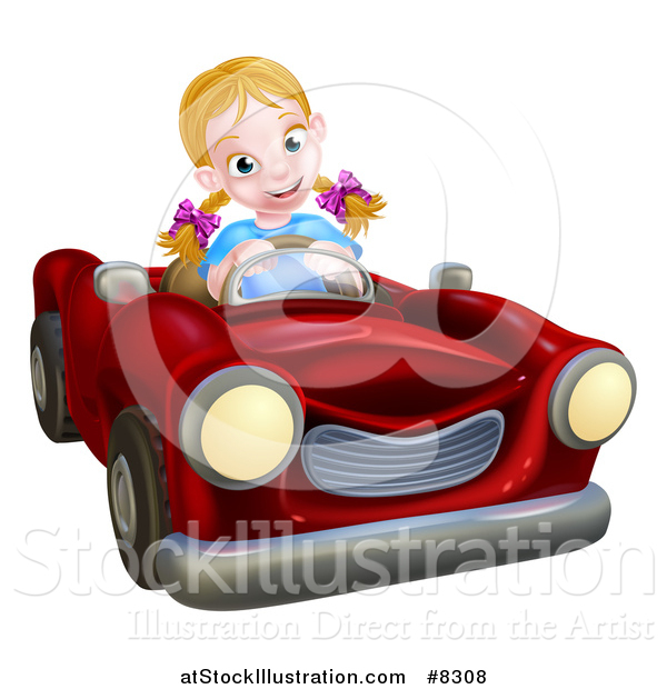 Vector Illustration of a Happy Blond White Girl Driving a Red Convertible Car