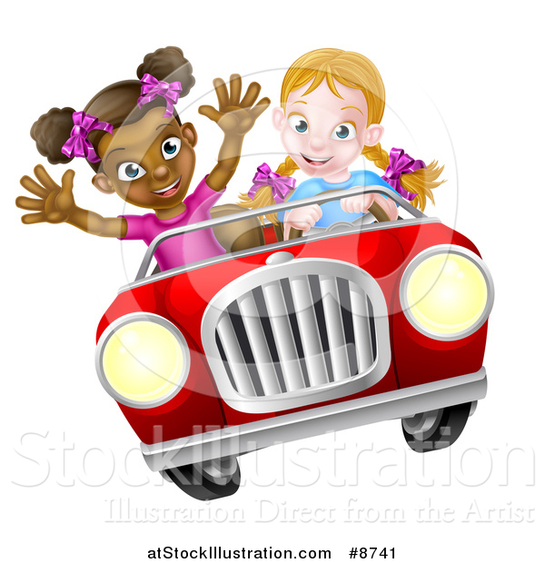 Vector Illustration of a Happy Blond White Girl Driving a Red Convertible Car with a Black Girl in the Passenger Seat