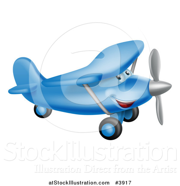Vector Illustration of a Happy Blue Airplane Character Flying