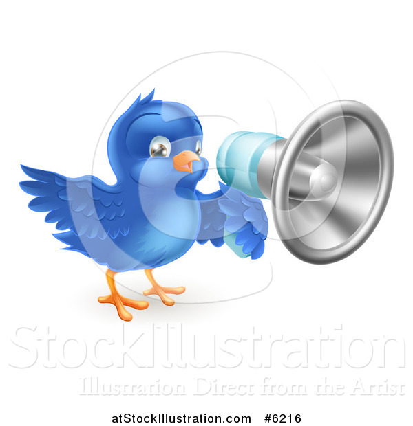 Vector Illustration of a Happy Blue Bird Announcing with a Megaphone