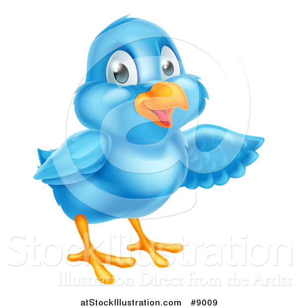 Vector Illustration of a Happy Blue Bird Presenting or Pointing