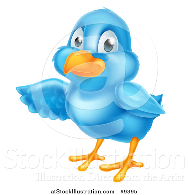 Vector Illustration of a Happy Blue Bird Presenting or Pointing to the Left
