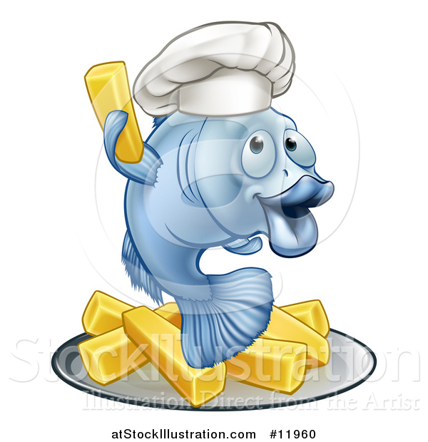 Vector Illustration of a Happy Blue Cod Fish Chef Holding up a Fry over Chips