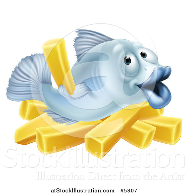 Vector Illustration of a Happy Blue Cod Fish Holding up a French Fry over Chips