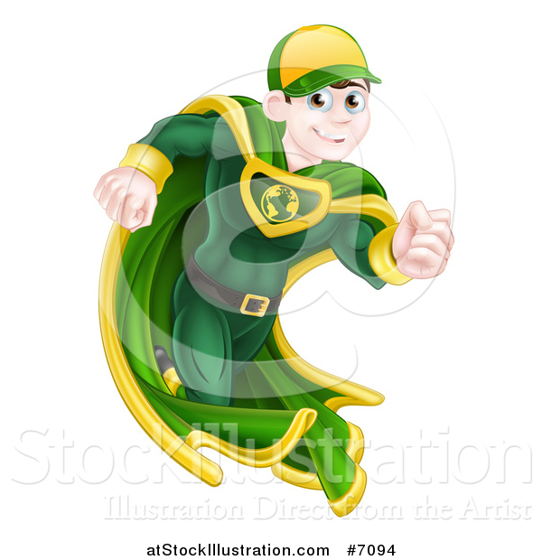 Vector Illustration of a Happy Blue Eyed Brunette Caucasian Male Super Hero Running in a Green Suit