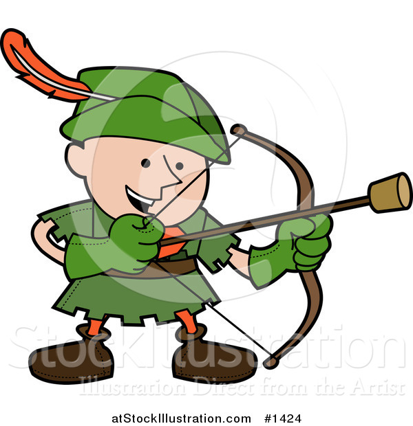 Vector Illustration of a Happy Boy in a Green Robin Hood Costume, Shooting an Arrow with a Cork on the Tip