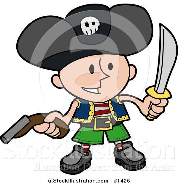 Vector Illustration of a Happy Boy in a Pirate's Costume, Wearing a Jolly Roger Hat, Holding a Pistil and a Sword