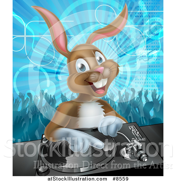 Vector Illustration of a Happy Brown Bunny Rabbit Dj over a Turntable Against a Dance Floor