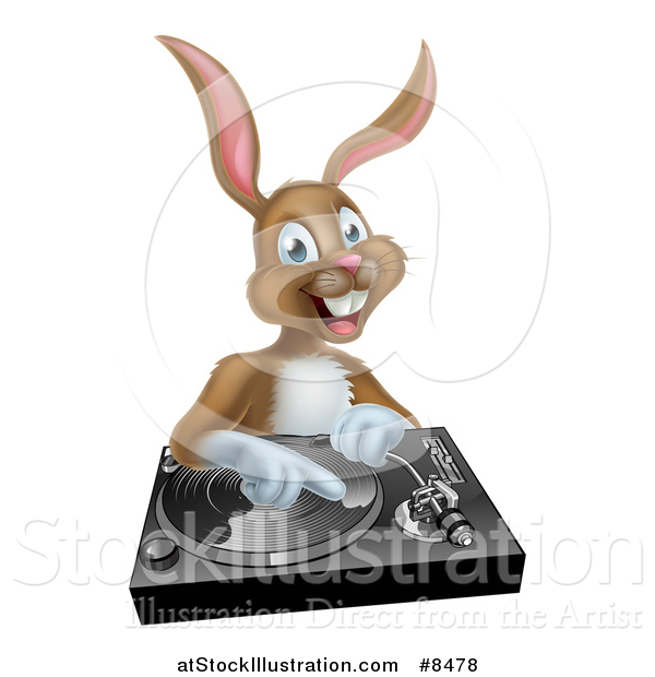 Vector Illustration of a Happy Brown Bunny Rabbit Dj over a Turntable