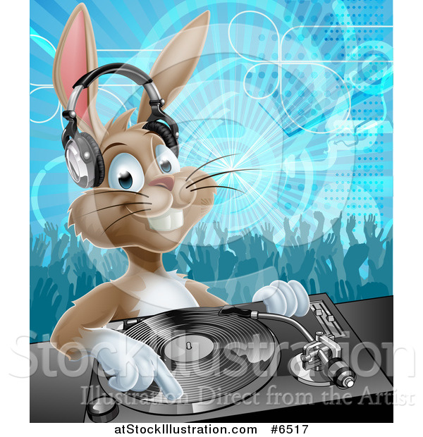 Vector Illustration of a Happy Brown Bunny Rabbit Dj Wearing Headphones over a Turntable Against a Dance Floor