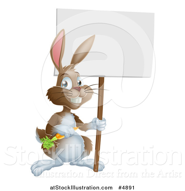 Vector Illustration of a Happy Brown Bunny Rabbit with a Carrot, Holding a Blank Sign