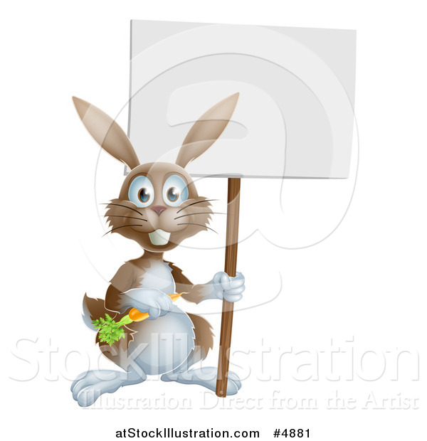 Vector Illustration of a Happy Brown Bunny Rabbit with a Carrot, Holding a Sign
