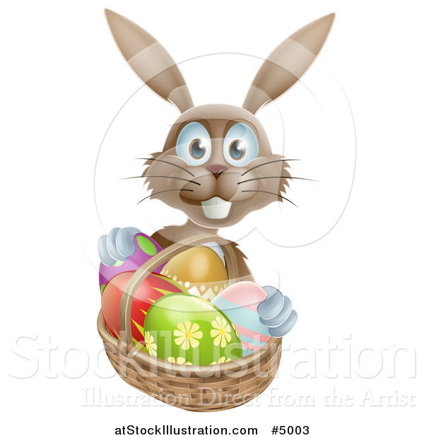 Vector Illustration of a Happy Brown Bunny with Easter Eggs and a Basket