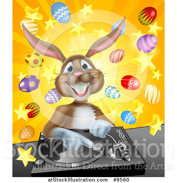 Vector Illustration of a Happy Brown Easter Bunny Rabbit Dj over a Turntable Against a Burst of Objects