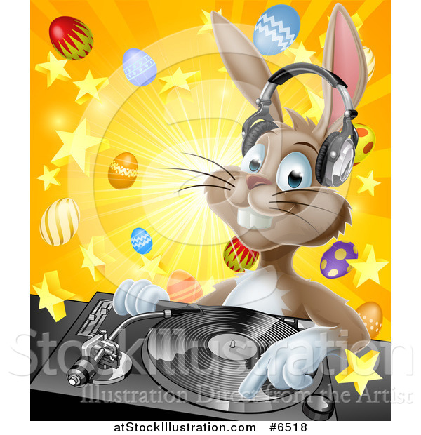 Vector Illustration of a Happy Brown Easter Bunny Rabbit Dj Wearing Headphones over a Turntable Against a Burst of Objects