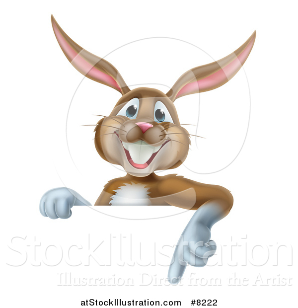 Vector Illustration of a Happy Brown Easter Bunny Rabbit Pointing down at a Sign