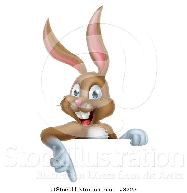 Vector Illustration of a Happy Brown Easter Bunny Rabbit Pointing down over a Sign