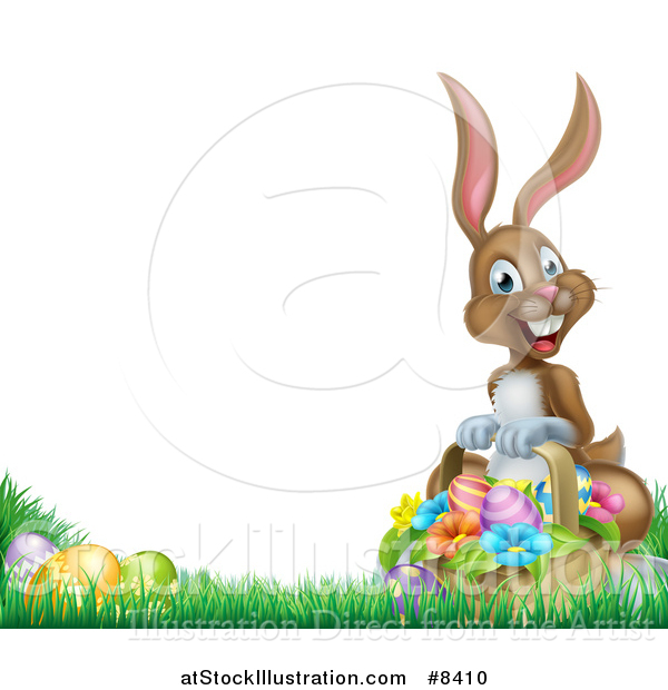 Vector Illustration of a Happy Brown Easter Bunny Rabbit with a Basket of Eggs and Flowers in the Grass, with White Text Space