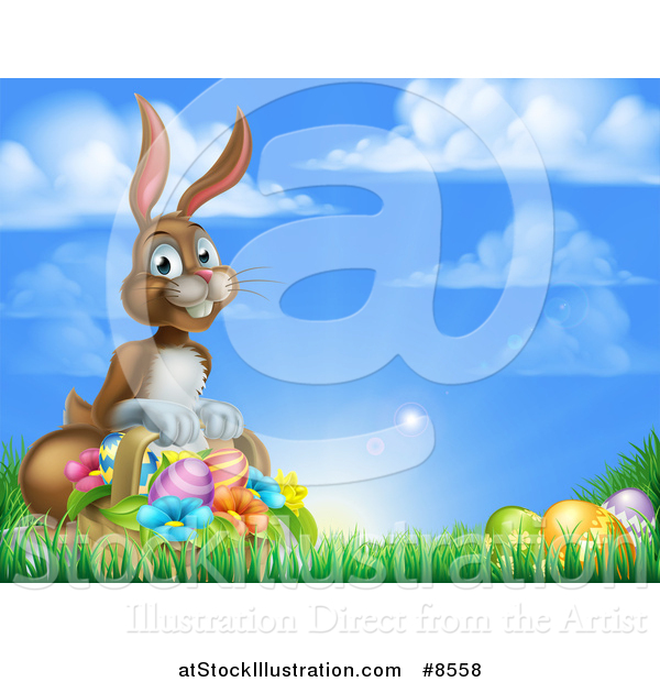 Vector Illustration of a Happy Brown Easter Bunny with a Basket of Eggs and Flowers in the Grass, Against a Blue Sky