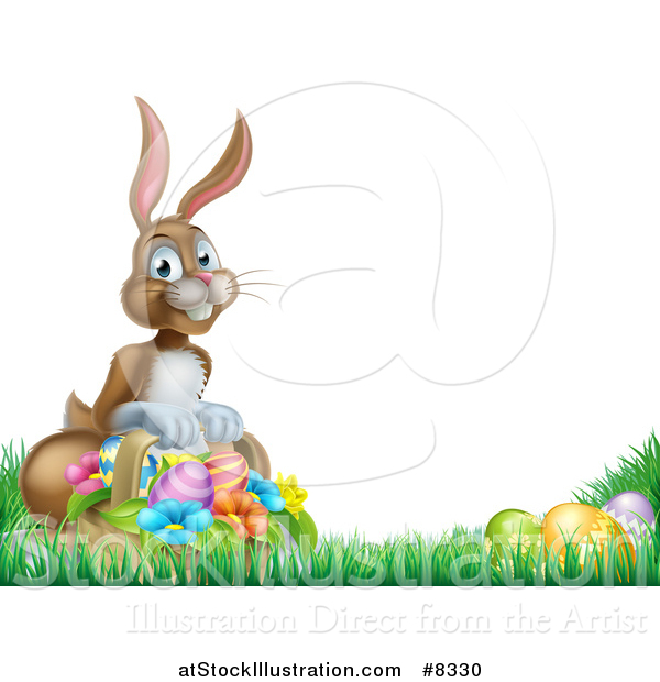 Vector Illustration of a Happy Brown Easter Bunny with a Basket of Eggs and Flowers in the Grass, with White Text Space