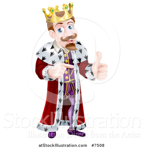 Vector Illustration of a Happy Brunette Caucasian King Giving a Thumb up and Pointing to the Right