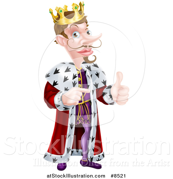 Vector Illustration of a Happy Brunette Caucasian King Giving a Thumb up and Pointing to the Right