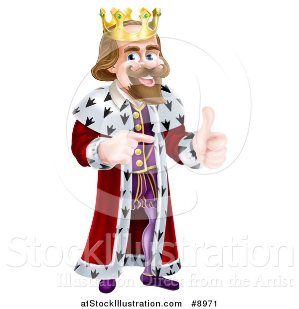 Vector Illustration of a Happy Brunette Caucasian King Giving a Thumb up and Pointing to the Right