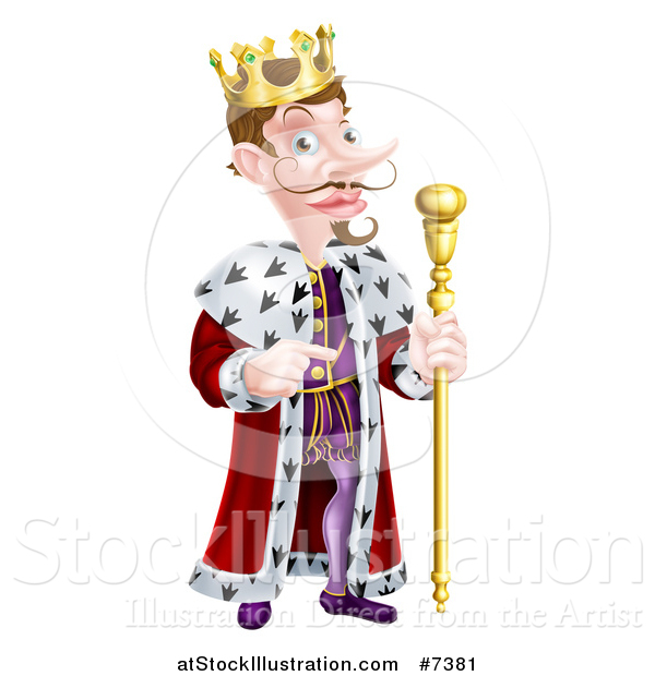 Vector Illustration of a Happy Brunette Caucasian King with a Curling Mustache, Holding a Staff and Pointing to the Right