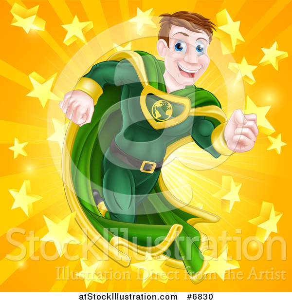 Vector Illustration of a Happy Brunette Caucasian Male Super Hero Running in a Green Suit over a Burst with Stars