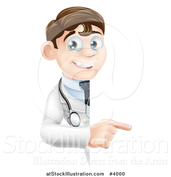 Vector Illustration of a Happy Brunette Male Doctor Pointing to a Sign