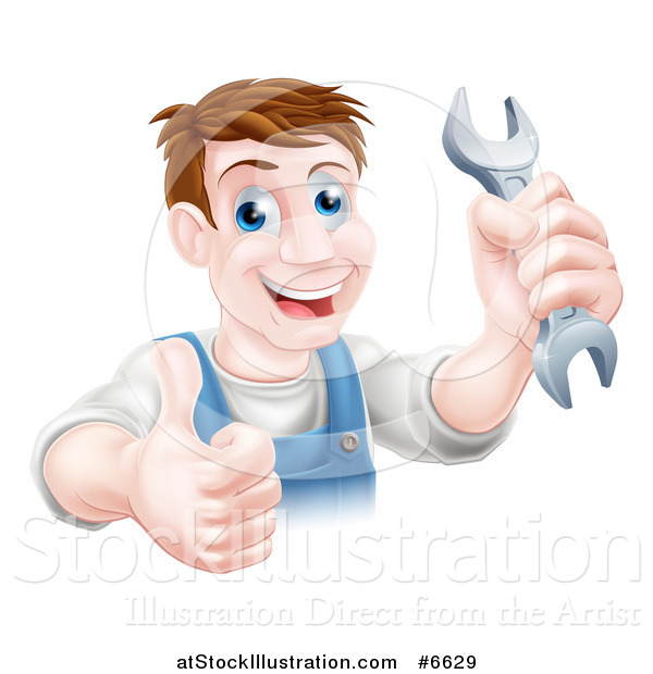Vector Illustration of a Happy Brunette Middle Aged Caucasian Mechanic Man Holding a Wrench and Giving a Thumb up