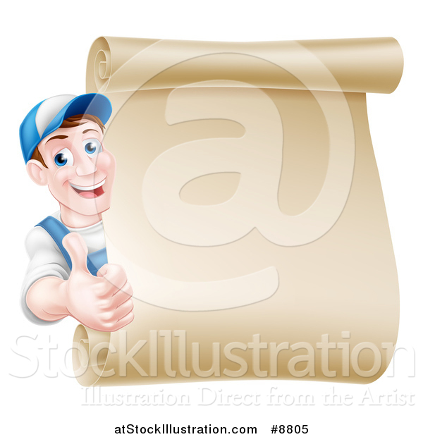 Vector Illustration of a Happy Brunette Middle Aged Caucasian Mechanic Man in Blue, Giving a Thumb up Around a Blank Scroll Sign