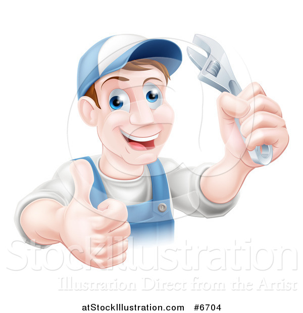 Vector Illustration of a Happy Brunette Middle Aged Caucasian Mechanic Man Wearing a Baseball Cap, Holding a Wrench and Thumb up