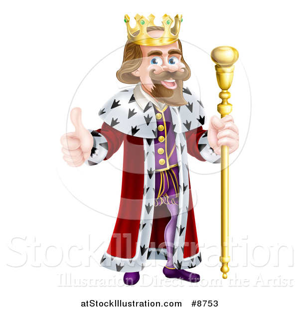 Vector Illustration of a Happy Brunette White King Giving a Thumb up and Holding a Gold Sceptre