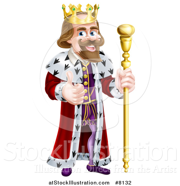 Vector Illustration of a Happy Brunette White King Giving a Thumb up and Holding a Gold Staff