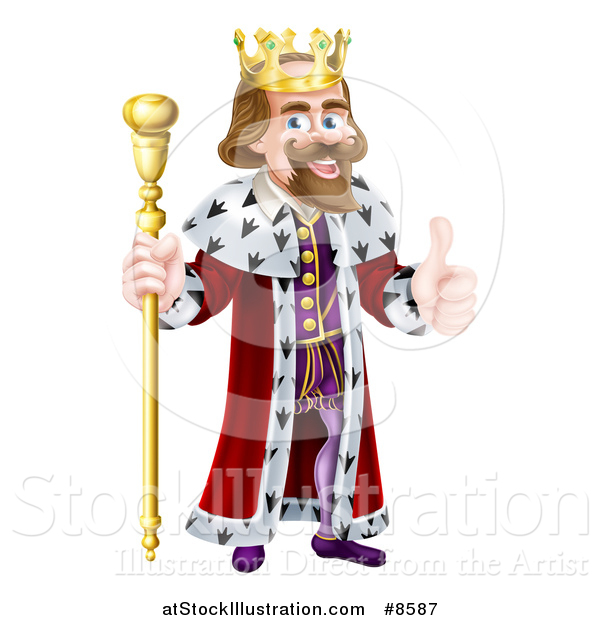 Vector Illustration of a Happy Brunette White King Giving a Thumb up and Holding a Gold Staff