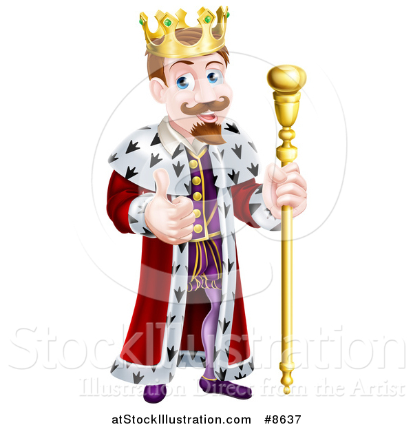 Vector Illustration of a Happy Brunette White King Giving a Thumb up and Holding a Gold Staff