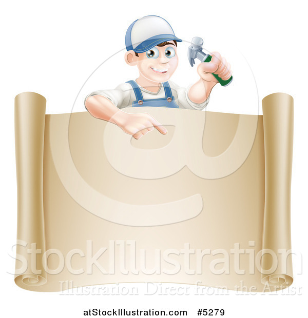 Vector Illustration of a Happy Brunette Worker Man Holding a Hammer and Pointing down at a Scroll Sign