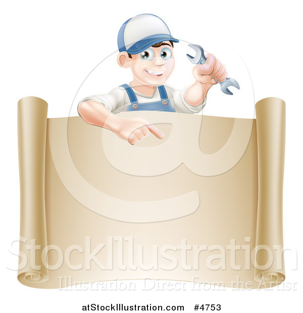 Vector Illustration of a Happy Brunette Worker Man Holding a Wrench and Pointing down at a Scroll Sign