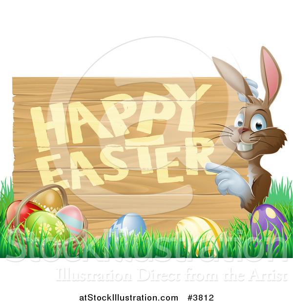 Vector Illustration of a Happy Bunny Pointing to a Happy Easter Sign, with a Basket and Easter Eggs in Grass