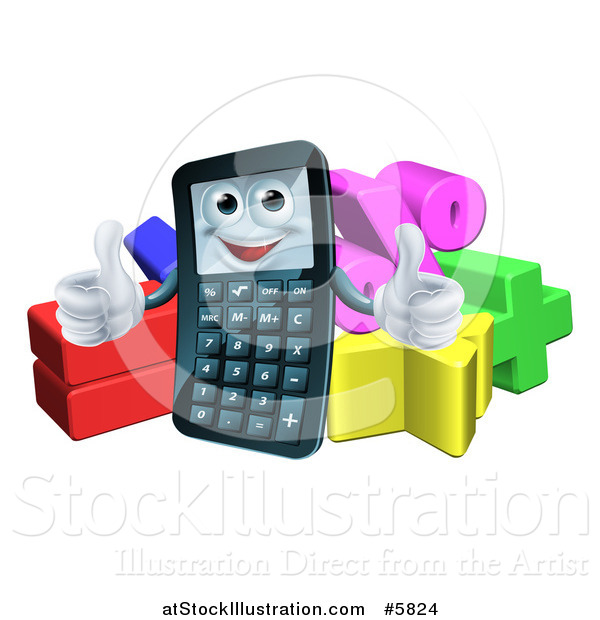 Vector Illustration of a Happy Calculator Character Holding Thumbs up over Math Symbols