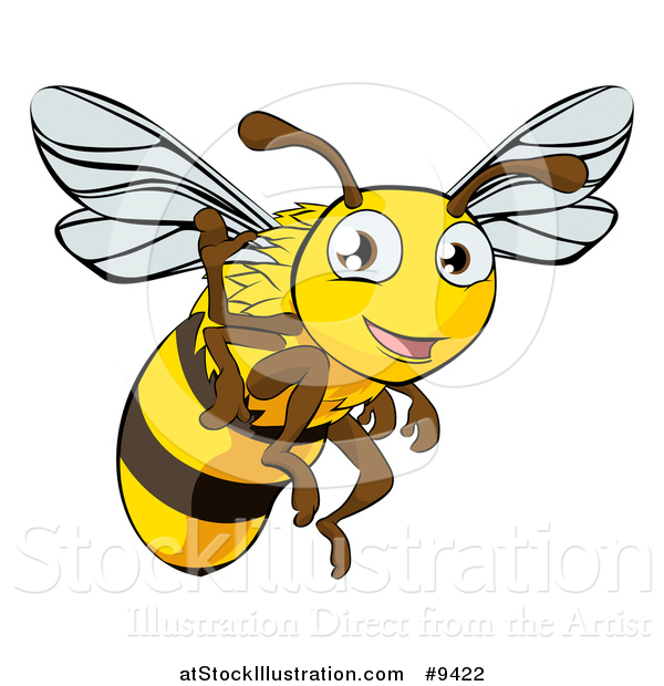 Vector Illustration of a Happy Cartoon Bee Flying and Waving