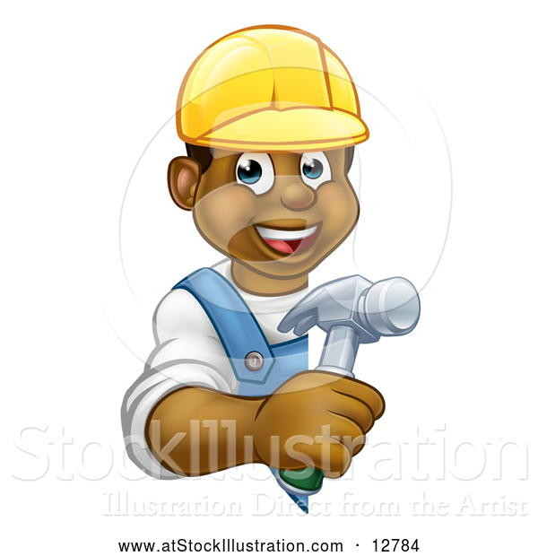 Vector Illustration of a Happy Cartoon Black Male Worker Carrying a Hammer Around a Blank Sign